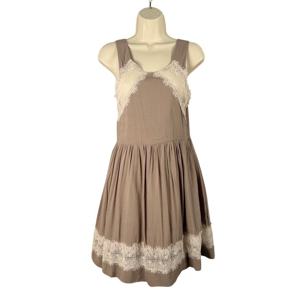 Free People Sun Dress 2‎ Taupe Lace Trim Rayon Cotton Lined Sleeveless Pleated